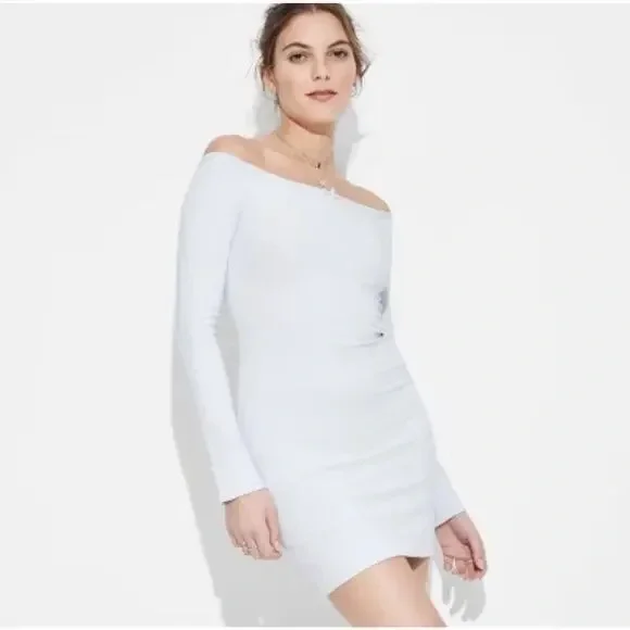 Wild Fable Off-Shoulder Blue Lace Bow Trim Long Sleeve Mini Dress Var Sizes NWT - Picture 1 of 10